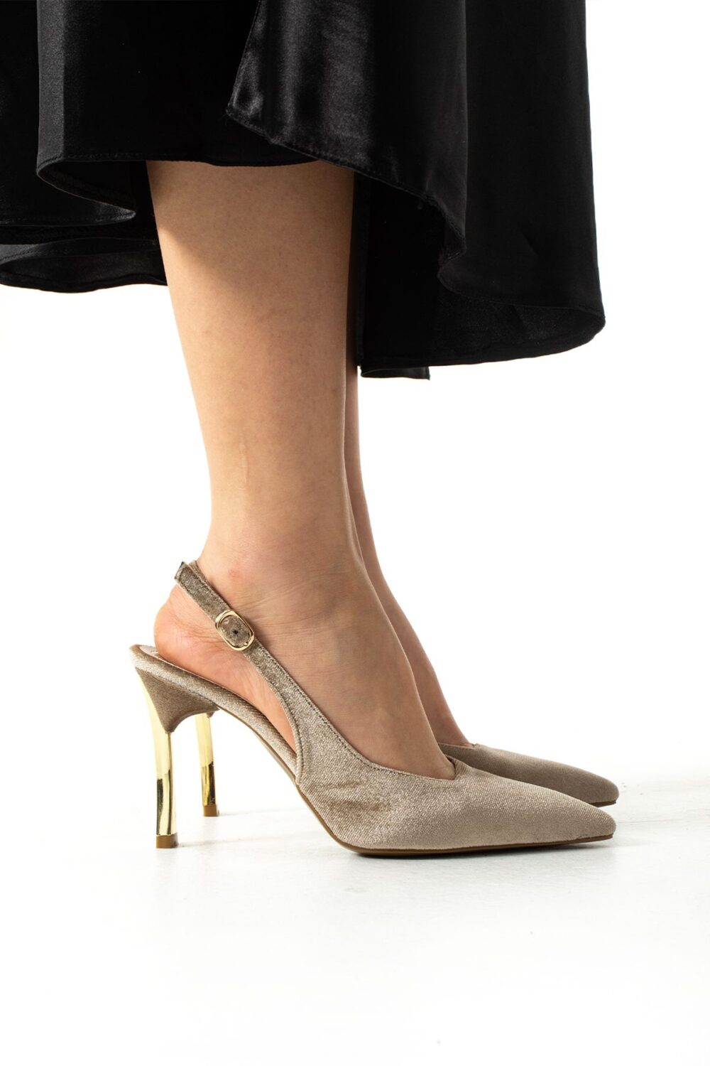 Vizon Kadife Altın Topuklu Stiletto – İnce Topuklu Şık Abiye Kadın Ayakkabı - Görsel 4