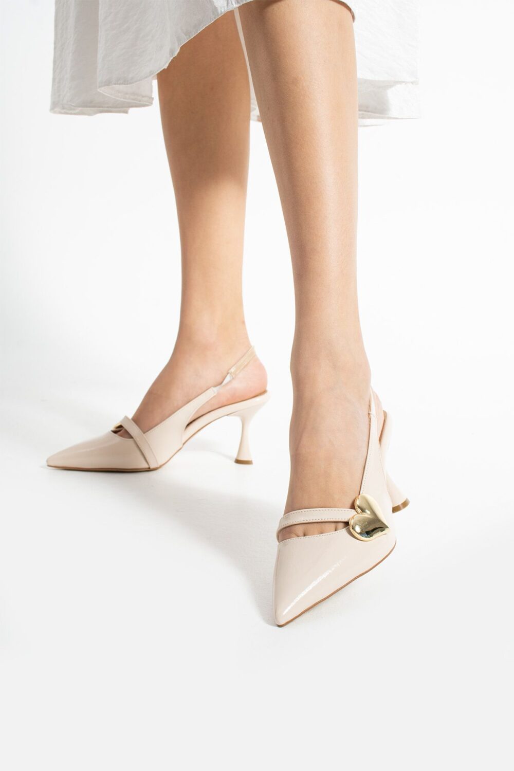 Krem Rugan Kalp Tokalı Kadın Topuklu Ayakkabı – 7cm Rahat Vegan Stiletto - Görsel 3