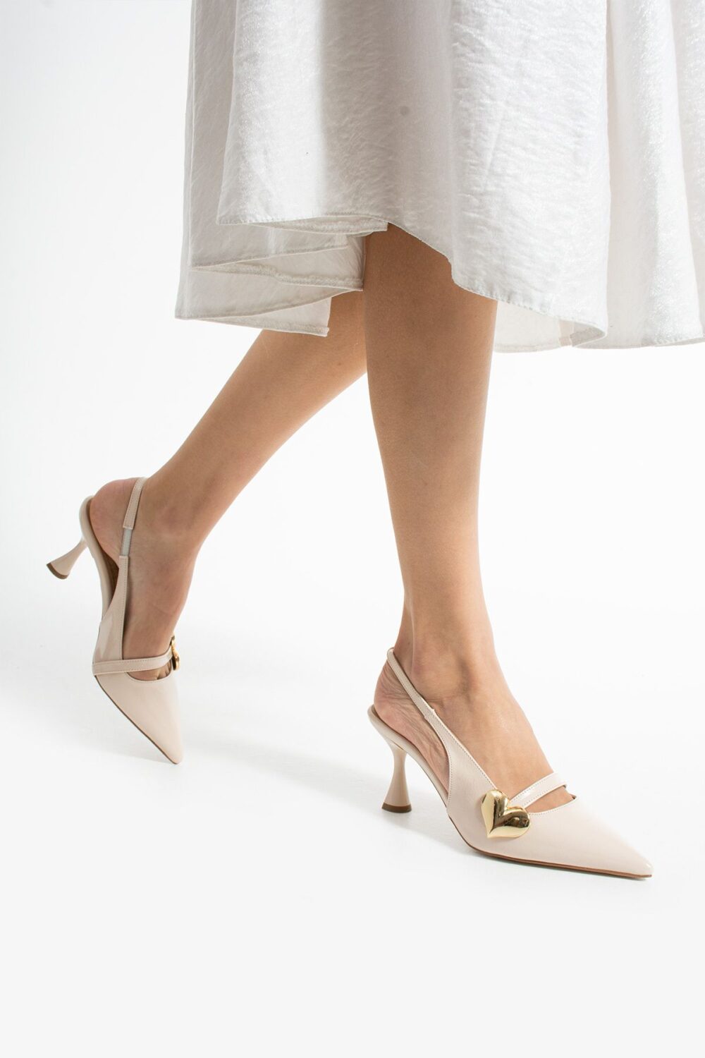 Krem Rugan Kalp Tokalı Kadın Topuklu Ayakkabı – 7cm Rahat Vegan Stiletto - Görsel 4
