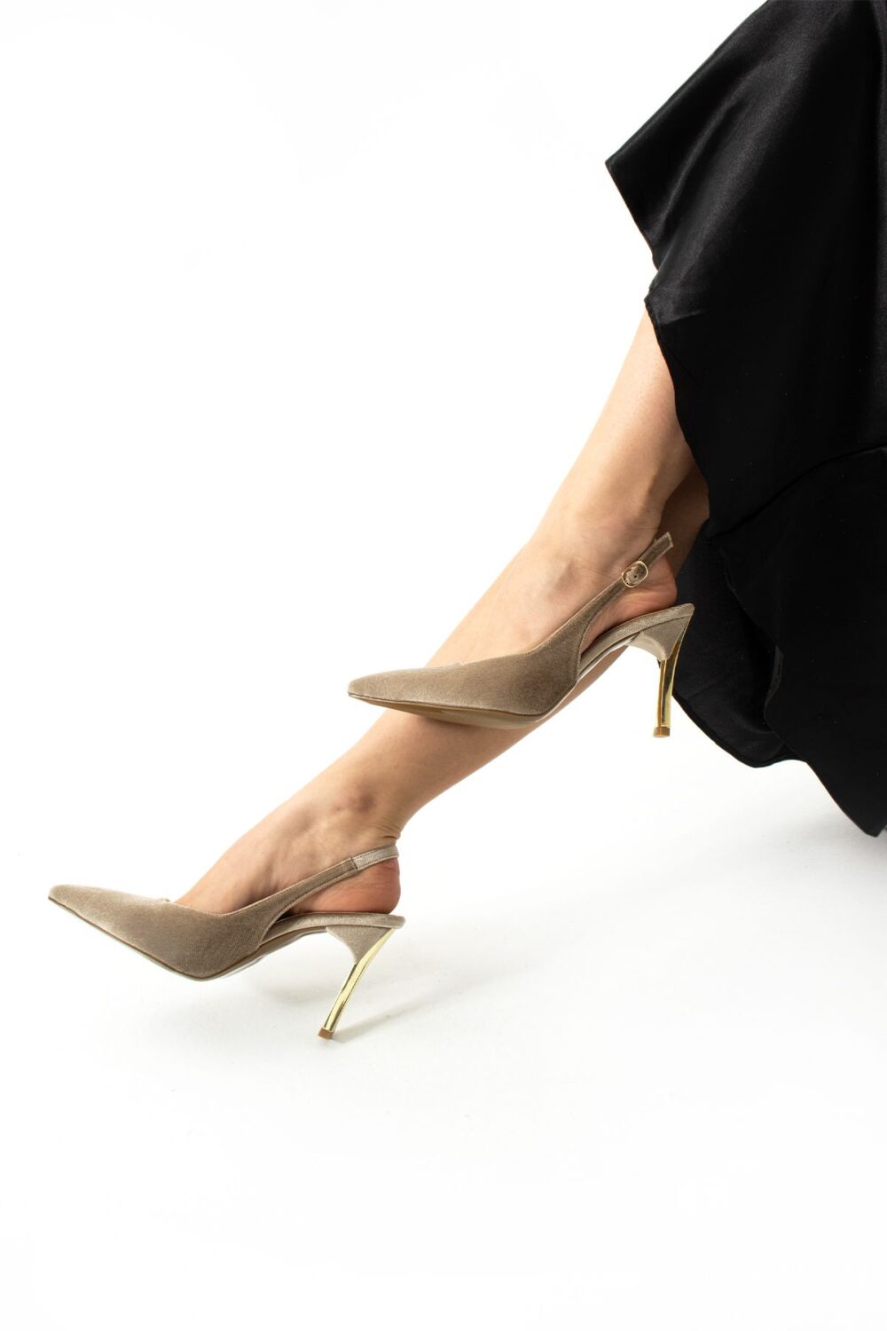 Vizon Kadife Altın Topuklu Stiletto – İnce Topuklu Şık Abiye Kadın Ayakkabı - Görsel 2