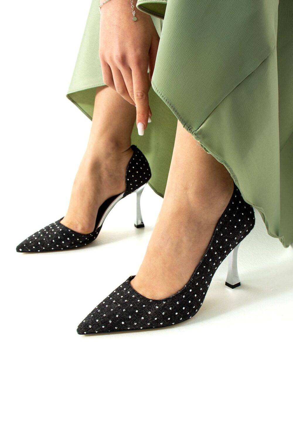 Siyah Kot Kumaş İnci Detaylı Stiletto – Metalik İnce Topuklu Lüks Kadın Ayakkabı - Görsel 2