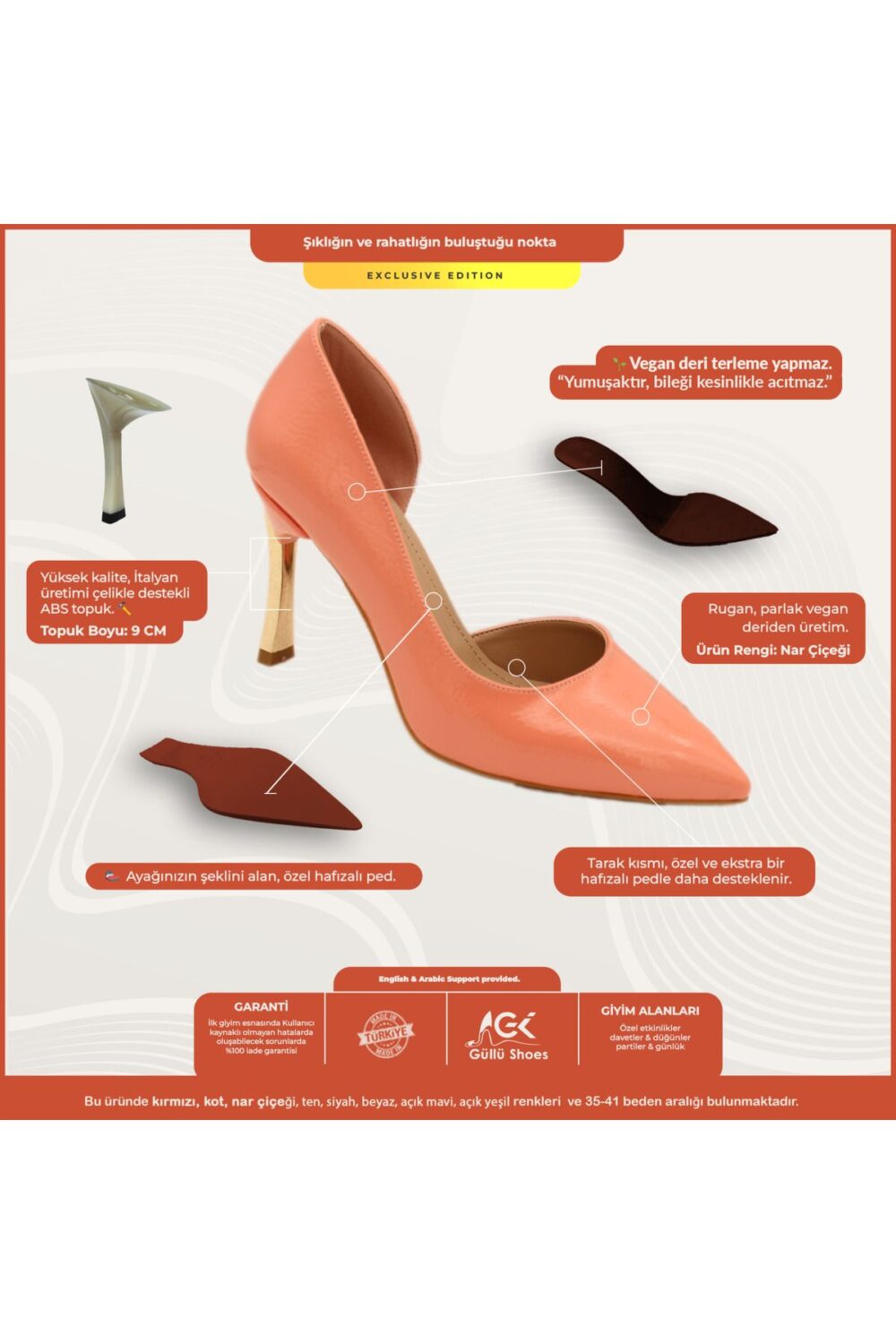 Nar Çiçeği 9 cm İnce Topuklu Vegan Deri Stiletto – Canlı Renkli Kadın Ayakkabı - Görsel 2