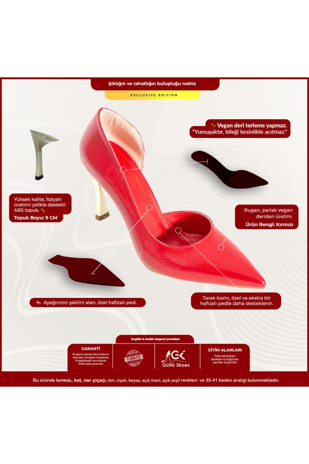 Kırmızı Yüksek Topuklu Vegan Deri Stiletto – 9cm İnce Topuklu Sivri Burunlu Şık ve Rahat Kadın Ayakkabı - Görsel 2