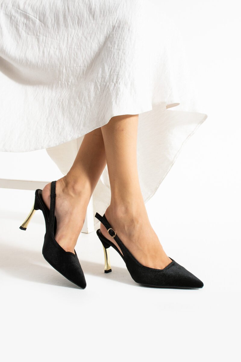 Siyah Kadife Altın Topuklu Stiletto – Şık Abiye Kadın Ayakkabı
