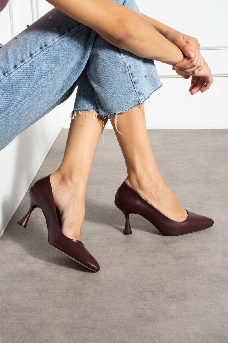 Bordo Mat Vegan Deri 7cm İnce Topuklu Hafızalı Pedli Sivri Burun Günlük Ofis Abiye Stiletto