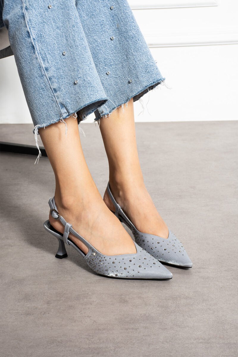 Gri Taş Detaylı İnce Topuklu Slingback Stiletto – Şık ve Zarif Abiye Kadın Ayakkabı