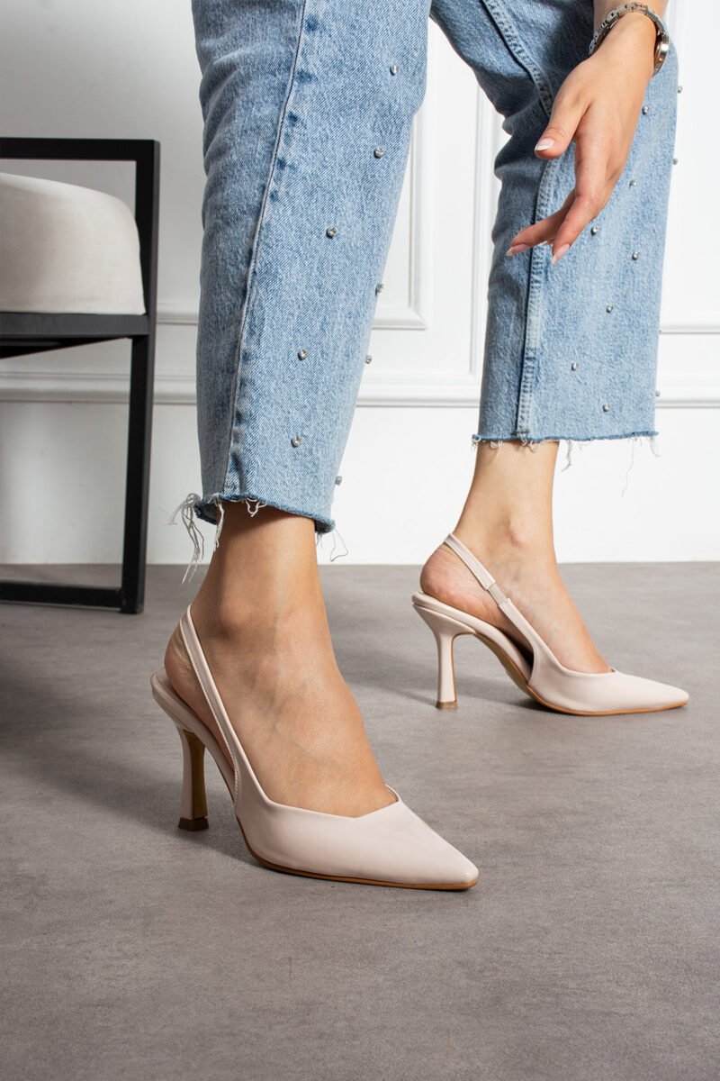 Krem Rugan Slingback İnce Topuklu Ayakkabı Kadın Sivri Burun Şık Günlük Ofis Abiye Model